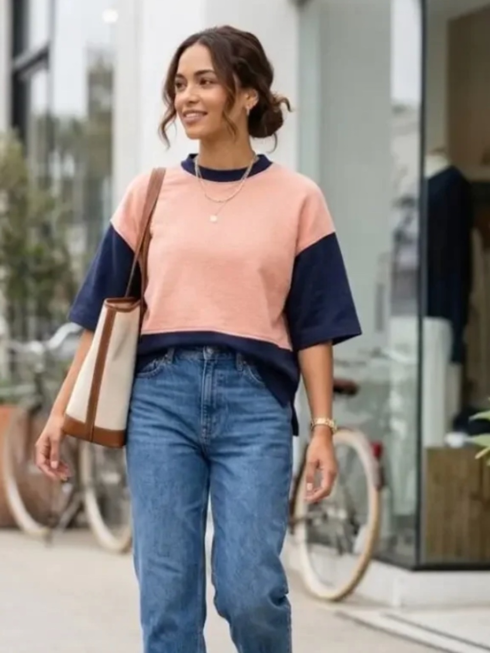 Nation LTD Barrett SS French Terry Sweatshirt Colorblock Navy Peach Size Large